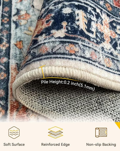 Area Rugs 2'6''x14' Runner Rug Non Slip Washable for Kitchen Hallway Bedroom Beside Laundry Room Bathroom Rug, Floor Carpet, Beige Navy Blue Orange Colorful