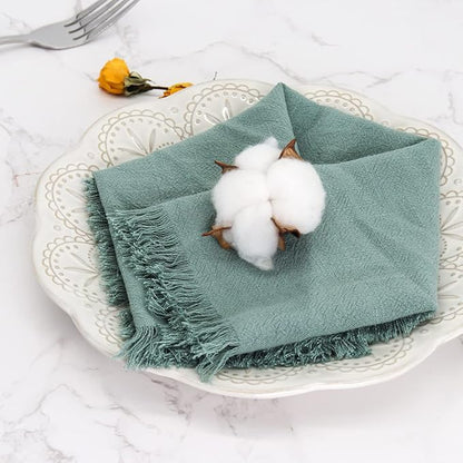 Handmade Cloth Napkins with Fringe,18 x 18 Inches Cotton Linen Napkins Set of 4 Versatile Handmade Square Rustic Fringe Napkins for Dinner, Wedding and Parties, Sage Green