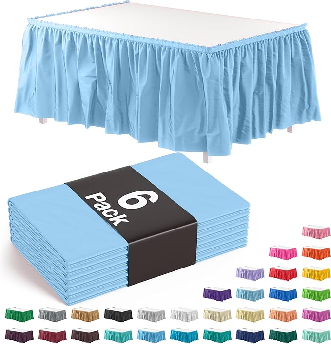 Exquisite Ruffle Table Skirt Light Blue 6 Pack 14 Ft Long Table Skirts for Rectangle Tables 6ft Plus or Round Tables Skirts with Adhesive Strip for Gender Reveal Decor & Happy Birthday Parties