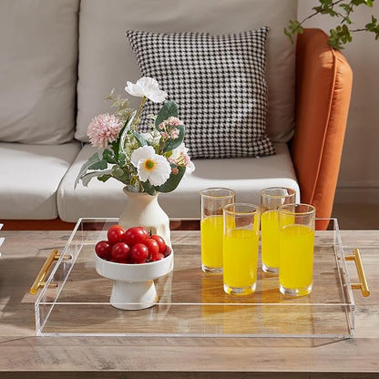 Extra Large Clear Acrylic Serving Tray (18×18 Inches) with Gold Handles Spill Proof Acrylic Over Size Big Decorative Tray Organiser for Ottoman Coffee Table Countertop