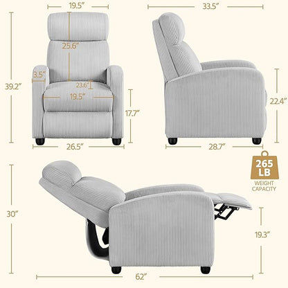 Yaheetech Corduroy Recliner Chair Single Sofa Home Theater Seating Adjustable Modern Reclining Chair for Living Room Bedroom Home Theater Light Gray