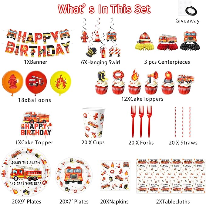 Fire Truck Party Supplies Firetruck Birthday Decorations Firefighter Disposable Plates Napkins Set, Banner, Hanging Swirls, Tablecloth, Cake Topper, Balloon, Fireman Honeycomb Centerpieces