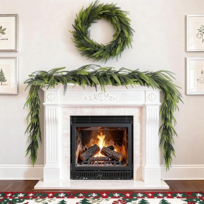 2 Pcs 9 Ft Norfolk Pine Garlands, Artificial Real Touch Winter Christmas Green Greenery Garlands for Mantle, Fireplace, Table, Wall, Outdoor, Indoor Christmas Decorations (9 FT, 2)