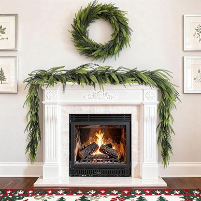 2 Pcs 9 Ft Norfolk Pine Garlands, Artificial Real Touch Winter Christmas Green Greenery Garlands for Mantle, Fireplace, Table, Wall, Outdoor, Indoor Christmas Decorations (9 FT, 2)