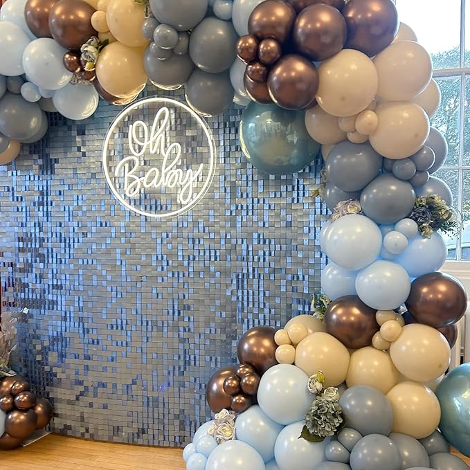 Shimmer Wall Backdrop Baby Blue Square Sequin Wall Panel Backdrop Decor for Wedding, Anniversary, Birthday, Party, 12 Panels