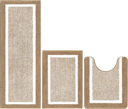 Pauwer Bathroom Rugs Sets 3 Piece Bathroom Shower Rugs with U-Shaped Contour Toilet Mat Absorbent Microfiber Plush Non Slip Bath Mats Machine Washable Shaggy Bath Floor Mat, Khaki