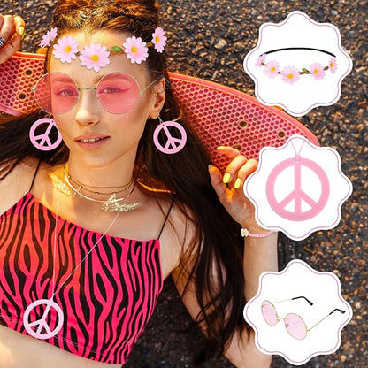 6 Pcs Hippie Costume Accessories Set 60s 70s Dressing Accessory Flower Crown Headband Peace Sign Necklace Earrings Bracelet Colored Hippie Sunglasses Costume Supplies for Christmas Carnival Party