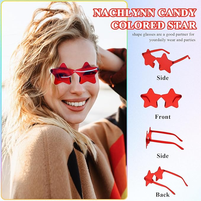 NACHLYNN 6 Pcs Rimless Star Shaped Sunglasses Red Transparent Sunglasses Pentagram Glasses Christmas Costumes Cosplay