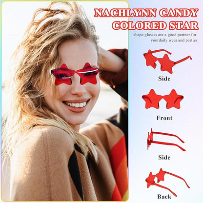 NACHLYNN 6 Pcs Rimless Star Shaped Sunglasses Red Transparent Sunglasses Pentagram Glasses Christmas Costumes Cosplay