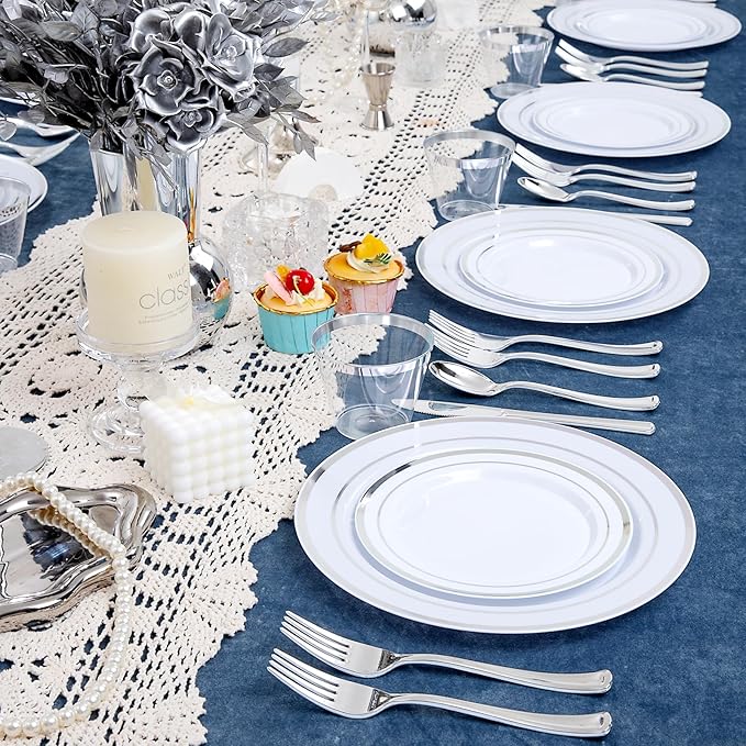 150 PCS Silver Disposable Dinnerware Set for 25 Guests, Silver Plastic Plates for Party, Including 25 Dinner Plates, 25 Salad Plates, 25 Cups, 25 Forks Knives Spoons for Wedding and Party Supplies