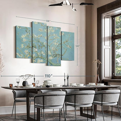 ElephantStock Almond Blossoms Wall Art - Horizontal Canvas - 4-Piece Living Room Wall Decor - Flower Painting Canvas Print - Blue and Green Decor for Wall by Vincent Van Gogh - 84" X 54"