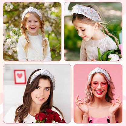PANTIDE Heart Jeweled Knotted Headband - Rose Gold Flower Rhinestone Crystal Embellished Headband Wide Top Knot Fashion Hairband Accessories Birthday Gift for Women Girl (White)