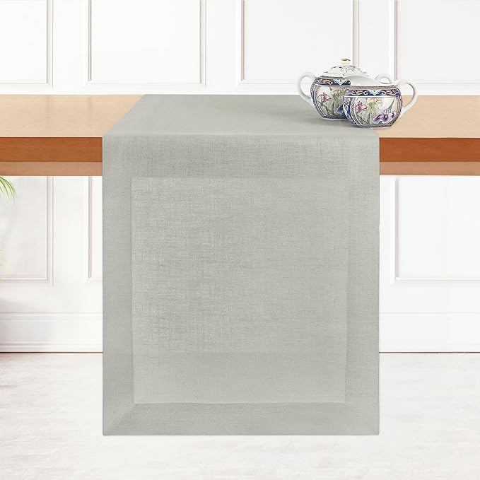 D'Moksha Homes Linen Silver Grey Table Runner 120 Inches Long - 100% Pure Linen Dining Table Runner 14 x 120 Inch for Winter, Christmas, Holiday - Machine Washable