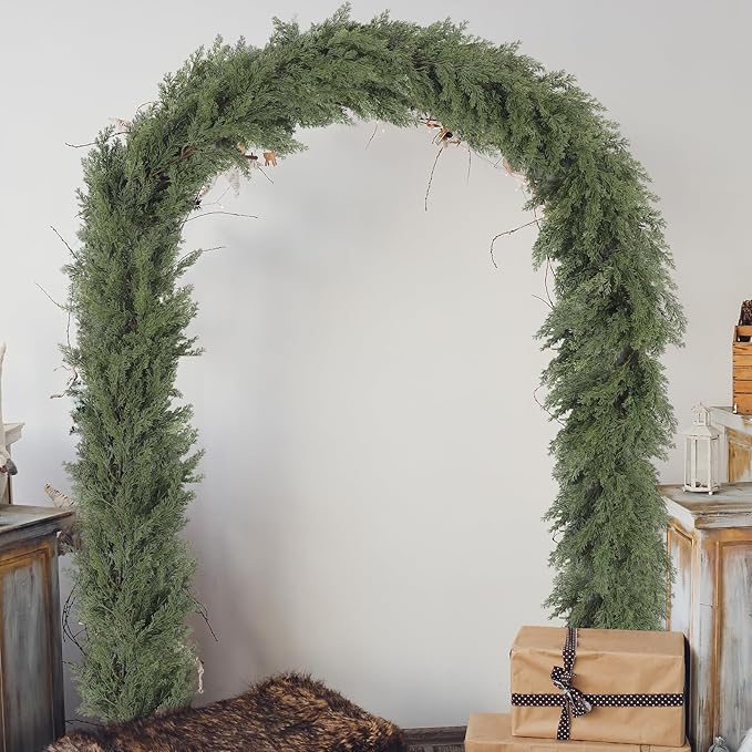 Jutom 2 Pcs 9 ft Thick Christmas Cedar Garland Artificial Realistic Soft and Flexible Full Faux Green Cedar Pine Garland for Home Indoor Xmas Holiday Mantle Fireplace Party Decoration