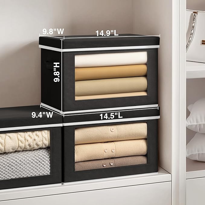 Cube Storage Bins with Lids, Clear Window Storage Baskets for Organizing, Fabric Organizer Bins with Handle, Cloth Storage Bins for Shelves, Closet, Clothes, Towels, 4 Packs, Black