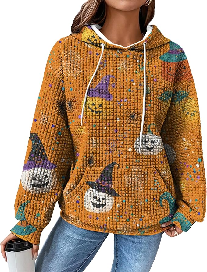 Halloween Sweatshirts for Women Novelty Graphic Drawstring Waffle Hoodies Loose Casual Pullover Tops with Pocket