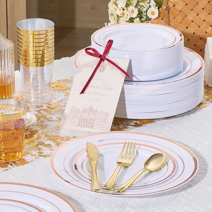350 Pieces Rose Gold Disposable Plates for 50 Guests, Disposable Plastic Plates, Dinnerware Set of 50 Dinner Plates, 50 Salad Plates,50 Cups and 50 Paper Napkins for Party, Wedding, Celebration
