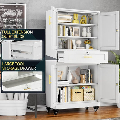 Metal Tall Storage Cabinet with Drawer, Garage Storage Cabinet with Locking Doors and 3 Adjustable Shelves, 71" H Steel Cabinets for Garage, Home, Office, White, Assembly Required