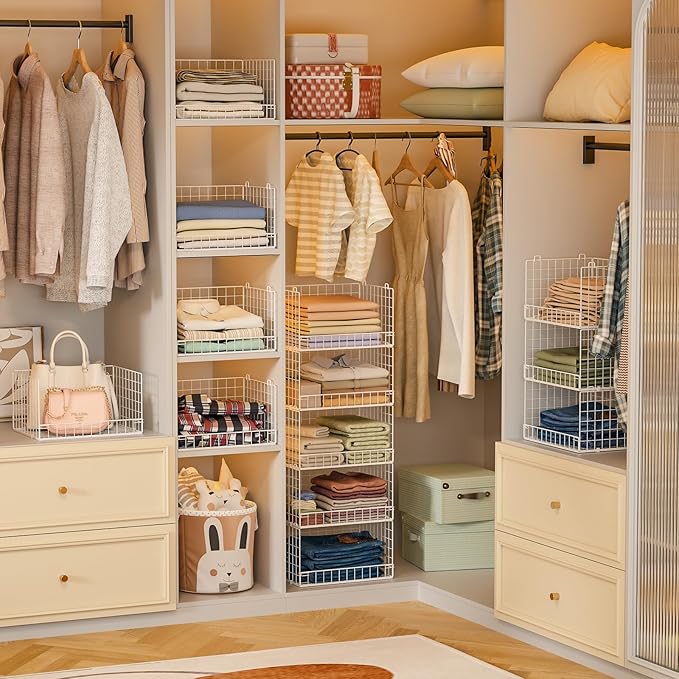 5-Tier Stackable Closet Organizers and Storage Basket - Foldable Closet Shelf Organizer System, Space-Saving Clothes Storage Bins Drawer Organizer for Wardrobe, White (Patent Pending)