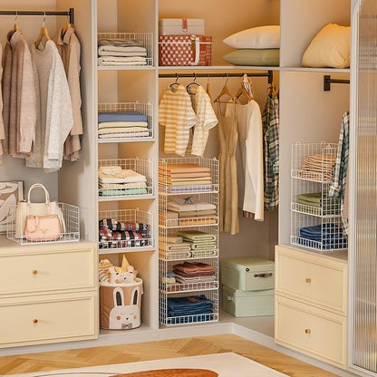 5-Tier Stackable Closet Organizers and Storage Basket - Foldable Closet Shelf Organizer System, Space-Saving Clothes Storage Bins Drawer Organizer for Wardrobe, White (Patent Pending)