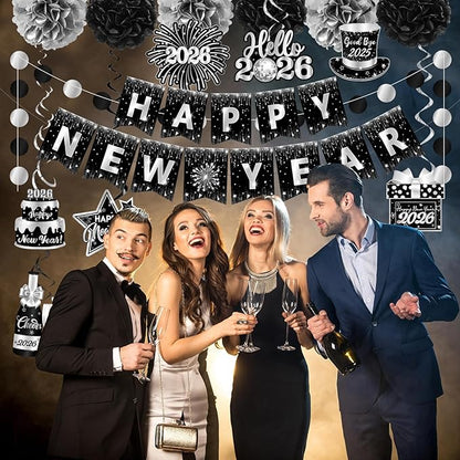 Happy New Year 2026 Silver and Black, NYE Party Supplies includes Happy New Years Banner Hanging Swirls and Silver Tissue Pom Poms, New Year Hanging Swirls for Indoor Outdoor Classroom Office