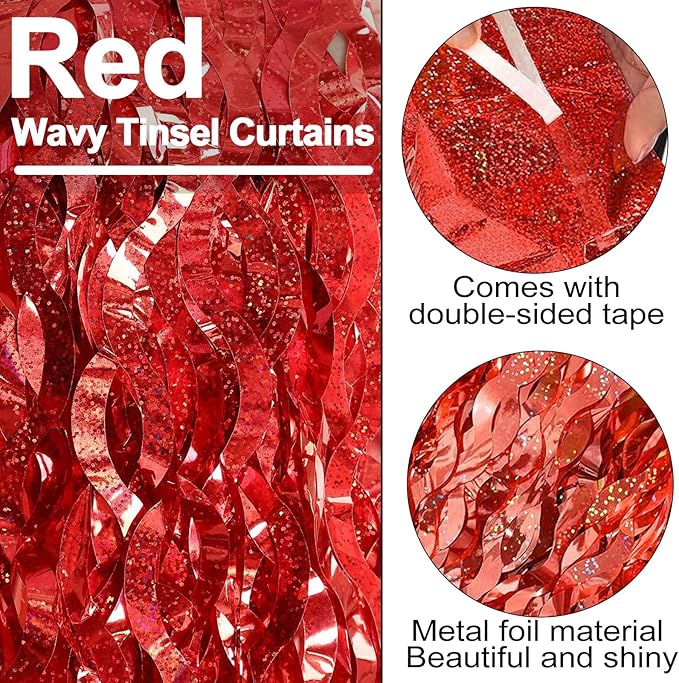 4 Pack Red Fringe Curtain Backdrop 3.2Ft x 8.2Ft Metallic Tinsel Foil Fringe Streamers Background for Photo Booth, Easter, Mother's Day, Bachelorette, Wedding, Birthday Party Decoration