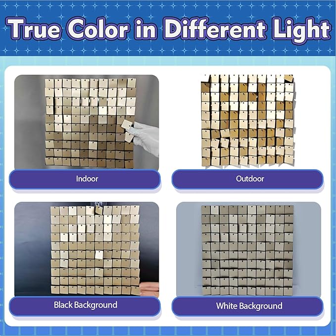 Qcity Champagne Gold Shimmer Wall Backdrop 36PCS, Black Back Not See-Through Design, Square Sequin Glitter Backdrop Panel, Perfect for Outdoor Events, Birthdays, Wedding and Party Decoration