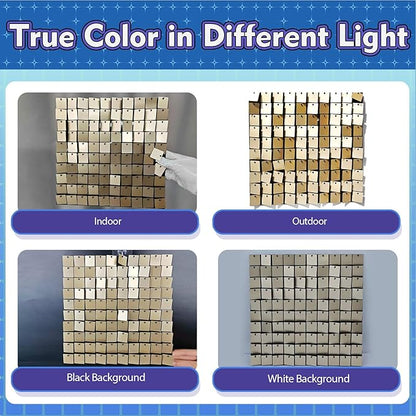 Qcity Champagne Gold Shimmer Wall Backdrop 36PCS, Black Back Not See-Through Design, Square Sequin Glitter Backdrop Panel, Perfect for Outdoor Events, Birthdays, Wedding and Party Decoration