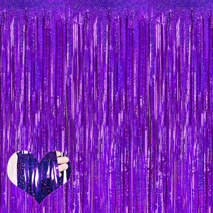 4 Pack 3.2Ft x 8.2Ft Purple Fringe Curtain Backdrop, Sparkle Metallic Tinsel Foil Fringe Streamers Background for Photo Booth Birthday Wedding Baby Shower Halloween Christmas Party Decorations