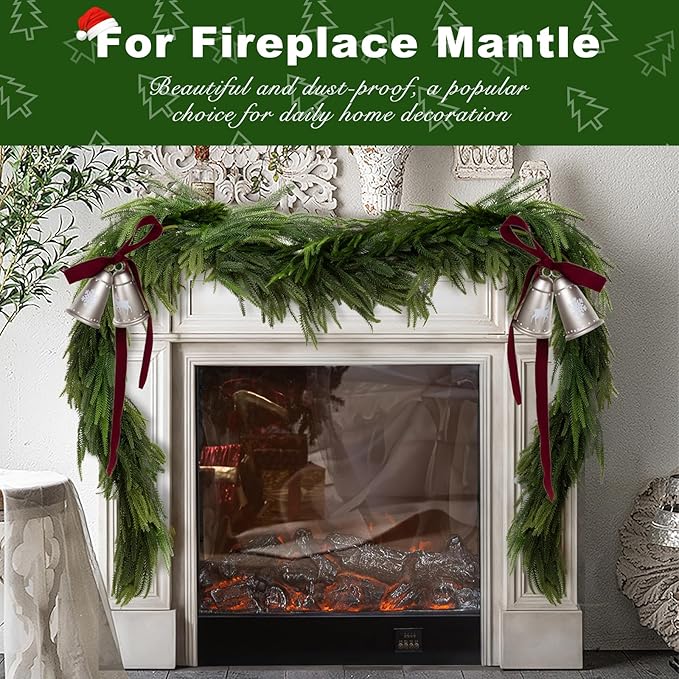 Christmas Norfolk Pine Garland - Soft-Touch Artificial Greenery for Mantle, Table, Fireplace, Wall - Winter Xmas Decor (15FT, Needle-Pine)