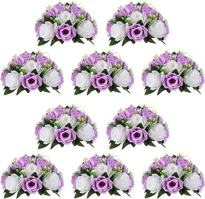 NUPTIO Flower Wedding Centrepieces for Tables - 10 Pcs 9.5in Diameter Lilac & White Artificial Flowers Rose Ball for Centerpieces Table - Fake Rose Arrangements for Weddings Birthday Party Decor