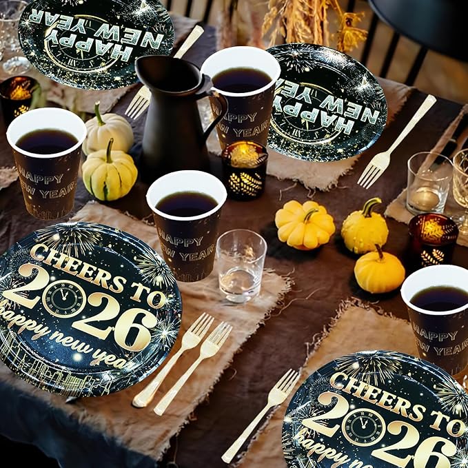 New Year Party Supplies Serves 20, Cheers to 2026 New Year Decorations Napkins and Plates Set, Disposable Paper Plates, Cups, Napkins Tableware Set for Party