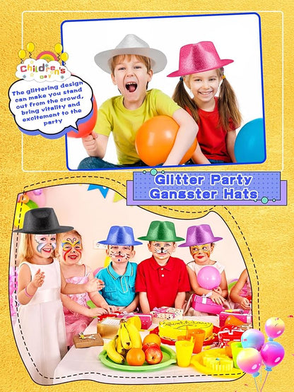 28 Pack Plastic Party Hats Bulk Glitter Party Hat Fedora Party Hat Gangster Hat for Adult Kids Costume Accessory