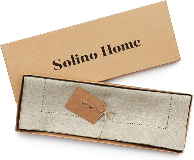 Solino Home Linen Placemats Set of 6 - Classic Hemstitch Natural Placemats 14 x 19 Inch - 100% Pure Linen Table Mats for Fall, Autumn, Christmas, Holiday, New Year
