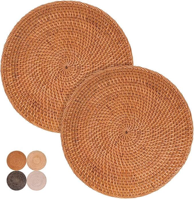 2-Pack Rattan Placemats - 13-inch Round Placemats (Honey Brown) - Woven Place Mats, Round Table Mats - Wicker Chargers for Dinner Plates, Plate Chargers Boho - Rattan Decor, Kitchen Table Decor