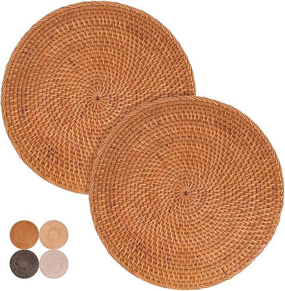 2-Pack Rattan Placemats - 13-inch Round Placemats (Honey Brown) - Woven Place Mats, Round Table Mats - Wicker Chargers for Dinner Plates, Plate Chargers Boho - Rattan Decor, Kitchen Table Decor