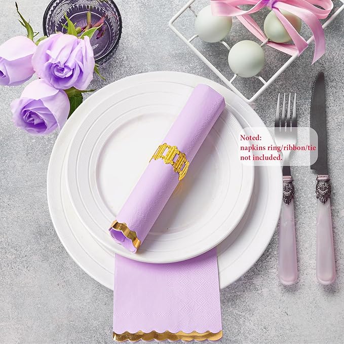 50 Dinner Napkins Paper Decorative, Gold Foil Scalloped Edged Guest Napkins Disposable, Lavender Napkins for Wedding, Birthday, Shower Baby, Tea Parties Supplies (4 x 8 In, Purple)