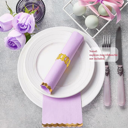 50 Dinner Napkins Paper Decorative, Gold Foil Scalloped Edged Guest Napkins Disposable, Lavender Napkins for Wedding, Birthday, Shower Baby, Tea Parties Supplies (4 x 8 In, Purple)