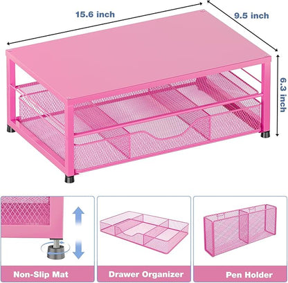 OPNICE Desk Organizer and Accessories, 2-Tier Computer Monitor Stand with Drawer and 2 Pen Holders, Laptop Stand, Office Desk Accessories for Office Supplies, Carmine Rose