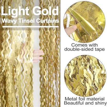 4 Pack Light Gold Fringe Curtain Backdrop 3.2Ft x 8.2Ft Metallic Tinsel Foil Fringe Streamers Background for Photo Booth Mother's Day, Easter, Carnival, Birthday, Wedding Party Decoration