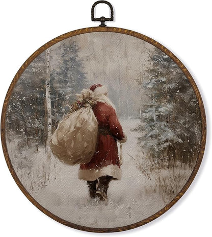 MOTERMATE Vintage Christmas Santa Wall Art Decor Round Framed, Rustic Christmas Canvas Wall Art Artwork Prints, Winter Forest Xmas Santa Hanging Decor Decorations for Home Living Room, 10x10 Inch