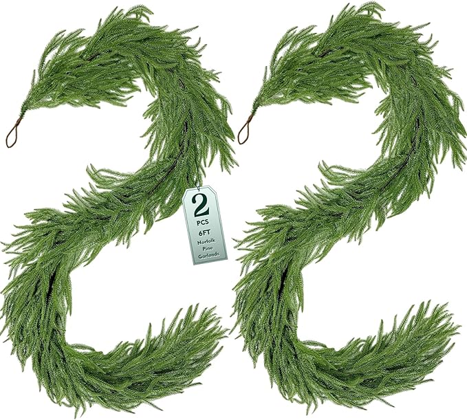 2 Pack Christmas Real Touch Norfolk Pine Garland Table Garland, 6ft Artificial Faux Greenery Garlands for Mantle Indoor Home Decor Xmas Holiday Seasonal