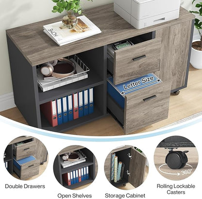 Tribesigns 71 inch Executive Desk, L-Shaped Desk with Mobile File Cabinet, Executive Office Table with 2 Drawers and Storage Shelves, Business Furniture Workstation for Home Office, Grey and Black