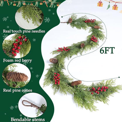 MIZII Christmas Garlands 6 Feet Artificial Pine Garland with Pinecone Berries Faux Greenery Garland Christmas Decorations for Xmas Fireplace Mantle Home Decor Indoor Outdoor (Pine Mix)