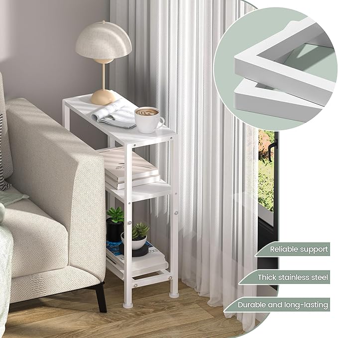 Narrow Side Table Set of 2 for Small Space, 2-Tier Small End Table with Shelf Holder, Slim Nightstand, Skinny Snack Couch Table in Living Room, Bedroom, Study, Kitchen and Balcony (White)