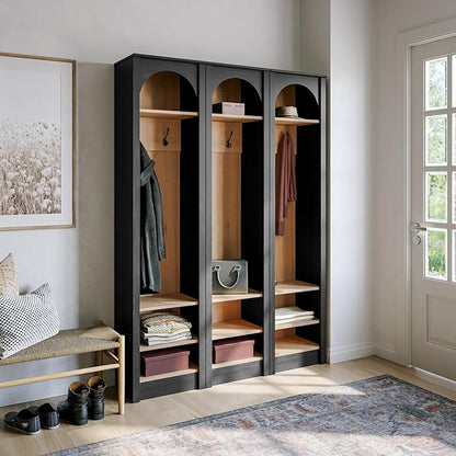 Prepac Ark 76" Tall Arched Entryway Coat Rack in Black Oak with Natural Oak Interior, Hall Tree with 2 Adjustable Shelves, Modern Furniture for Entryway and Living Room, 13.25" D x 18" W x 76" H