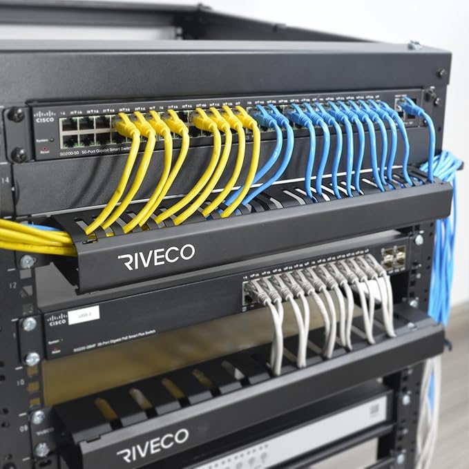 RIVECO 1U Cable Management for Racks & Server Cabinets Managing Cord & Wire, Cable Raceway for 19” Rack Mount 24 Slots Large 2.8 Inches Capacity Black
