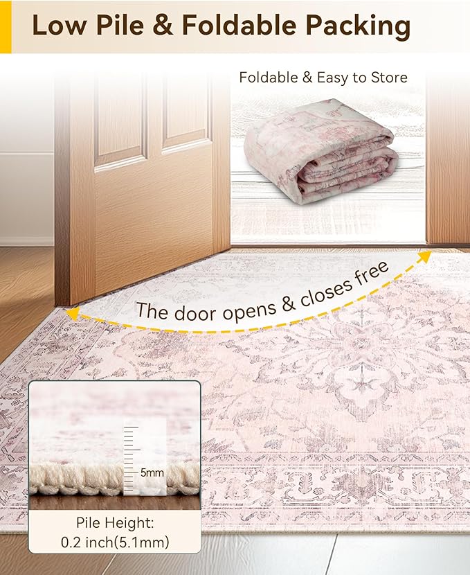 Area Rugs 2'x6' Runner Rug Non Slip Washable for Kitchen Hallway Bedroom Beside Laundry Room Bathroom Rug, Floor Carpet, Pink Greypink Cute