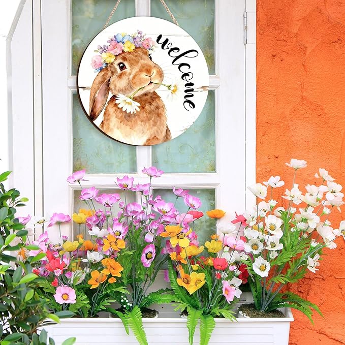 Kercan Easter Decor Door Sign, Religious Easter Decorations for Home, Spring Welcome Sign for Front Door, Bunnies Wood Signs, Bunny Egg Decor Wood Hanging Sign Gifts