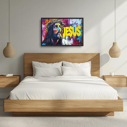 Banksy Jesus Large Wall Art Graffiti Framed Wall Decor for Living Room Pop Street Pictures Oversized Canvas Print Painting Modern Extra Large Framed Artwork for Bedroom Office 36"x24"